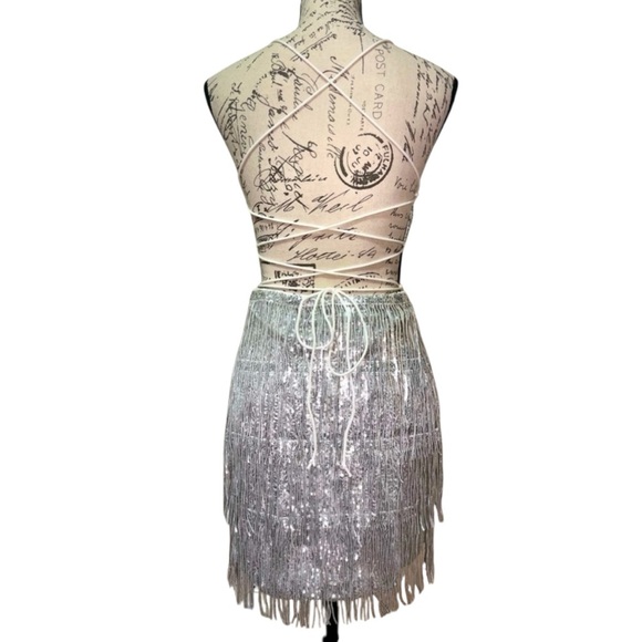 Silver Sequin Lace Up Dress Size M Medium NEW - Picture 5 of 12